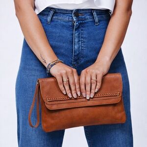 Vintage Brown Leather Clutch Wristlet Genuine Leather Minimalist Boho Purse